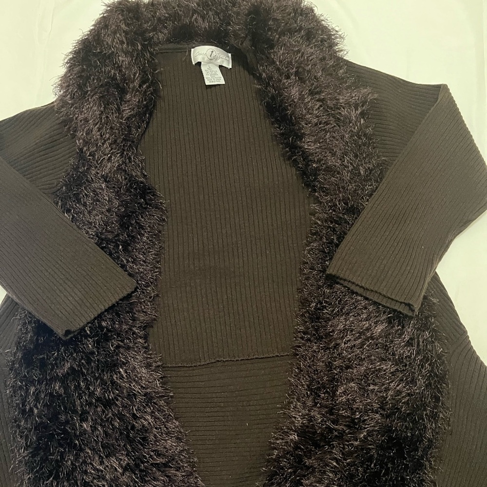 Brown Ribbed Cardigan with Faux Fur Trim